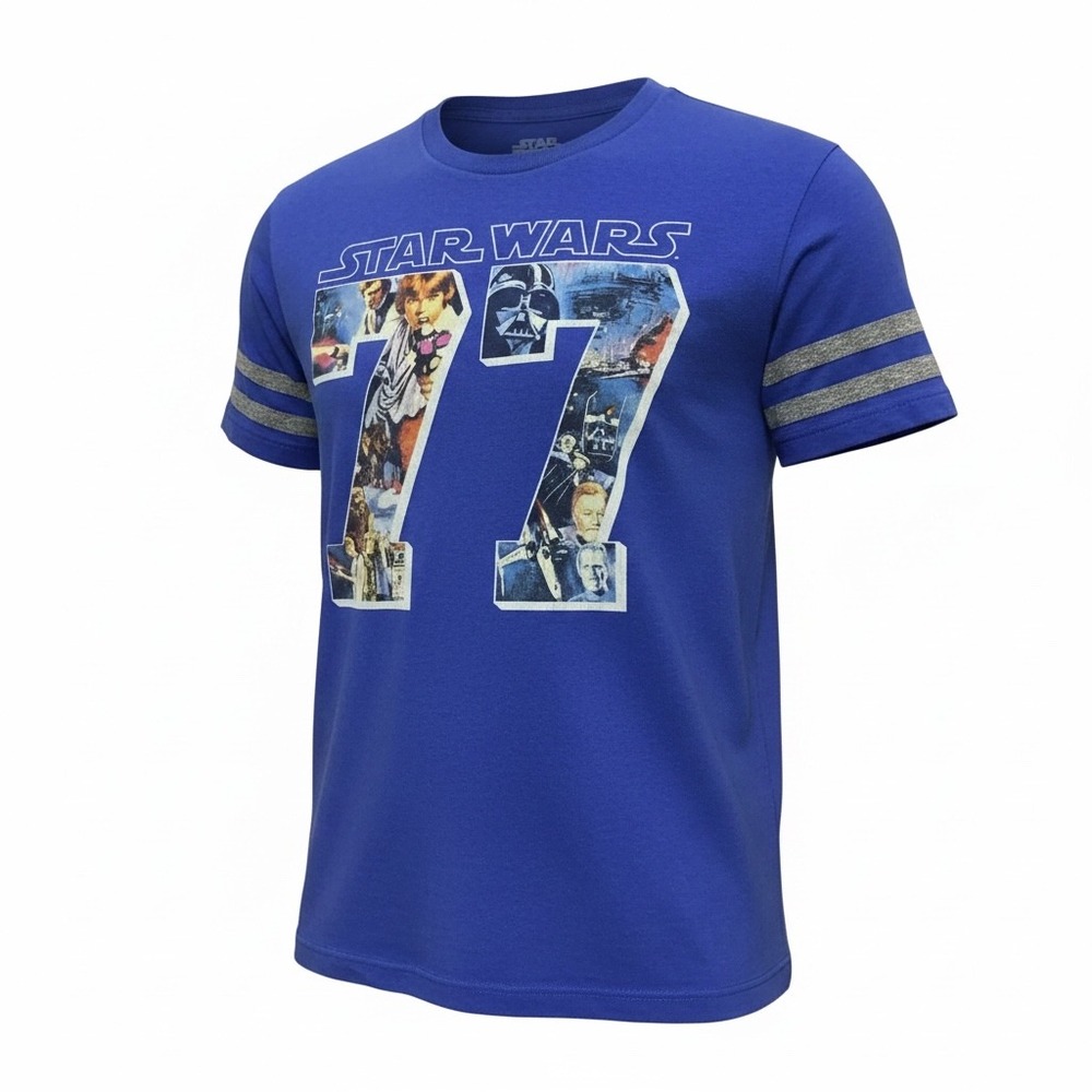 Fifth Sun Star Wars 77 Graphic T-Shirt Blue Athletic Stripe Sleeve Medium